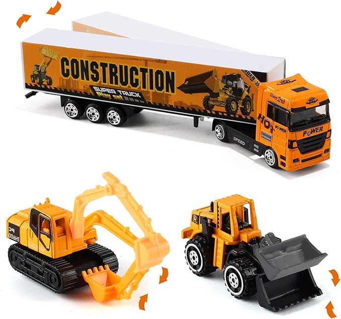19 in 1 Construction Truck with Engineering Worker Toy Set, Mini Die-Cast Engine Car in Carrier Truck, Double Side Transport Vehicle Play for Child Kid Boy Girl Birthday Christmas Party Favors