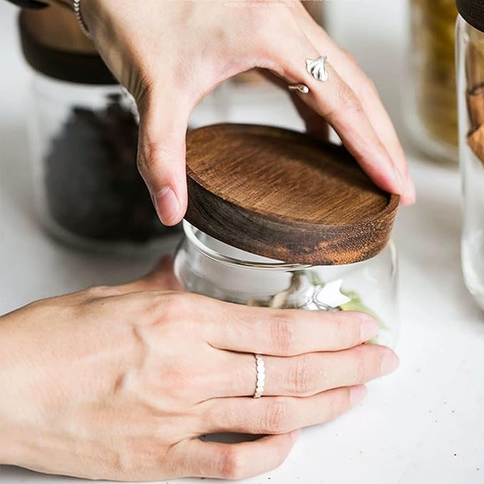 Glass jar candy Containers - 16oz kitchen Glass Airtight Storage jar With Acacia Airtight Lid,for kitchen Seasoning, coffee bean, tea, suger, herbs (4)