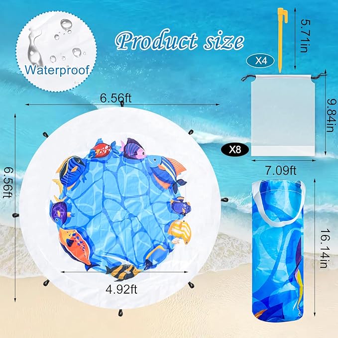 Dia 6.5Ft Baby Beach Pool, 2 in 1 Portable Round Kids Beach Play Pool Puddle Toddler Beach Blanket and Kiddie Pools Blue Cartoon Childs Sand Pit Paddling Pools with Water Bag for Boy Girl Outdoors