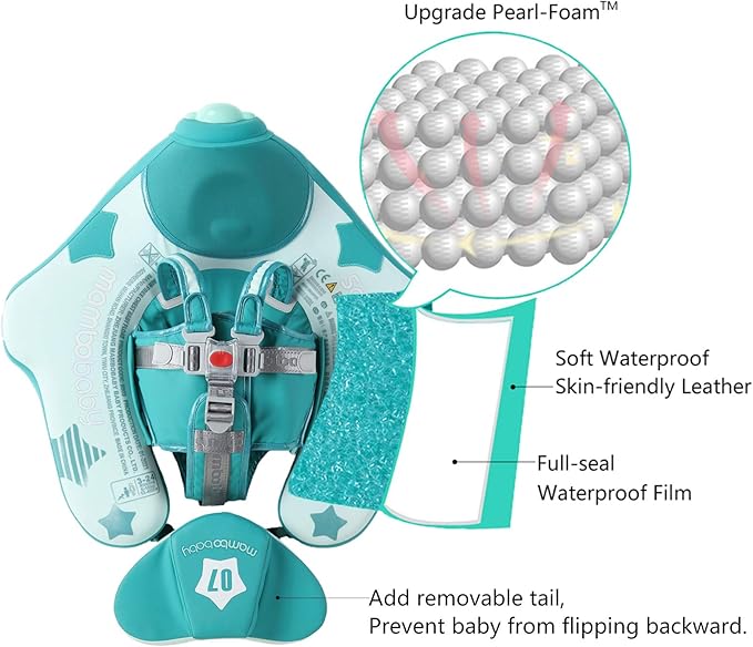 Mambobaby Float Add Tail Baby Swim Float with Canopy, Non-Inflatable Solid Baby Float, Upgrade Soft Waterproof Skin-Friendly Leather Material Infant Swim Float (Global Limited Edition - Green)