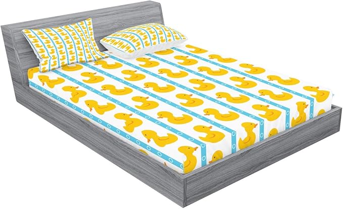 Ambesonne Rubber Duck Fitted Sheet & Pillow Sham Set, Duckies on Stripes and Small Circles Play Toys Pattern Print, Decorative Printed 2 Piece Bedding Decor Set, King, Blue Yellow