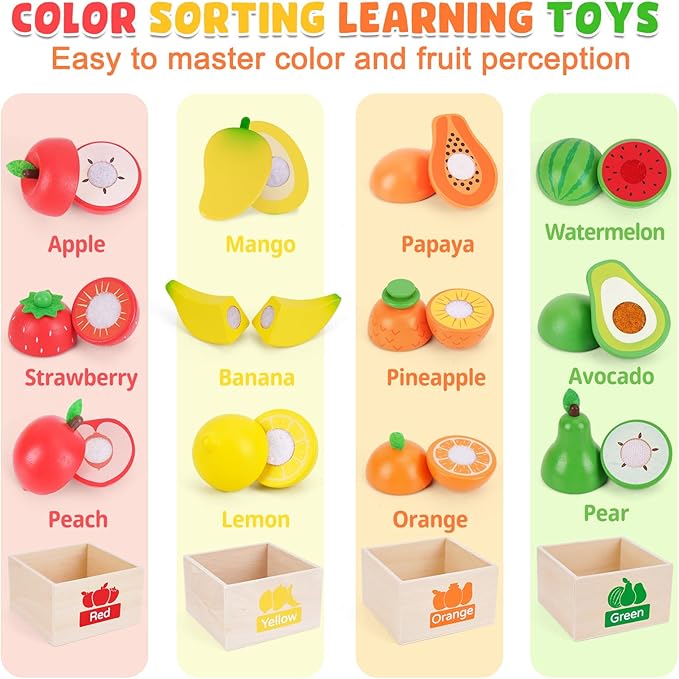 Wooden Play Food Set Toys for Toddlers 1-3, Kids Toy Play Kitchen Accessories, Velcro Cutting Fruits Pretend Food with Storage Boxes, Christmas Birthday Gifts for 1 2 3 Year Old Baby Boys Girls