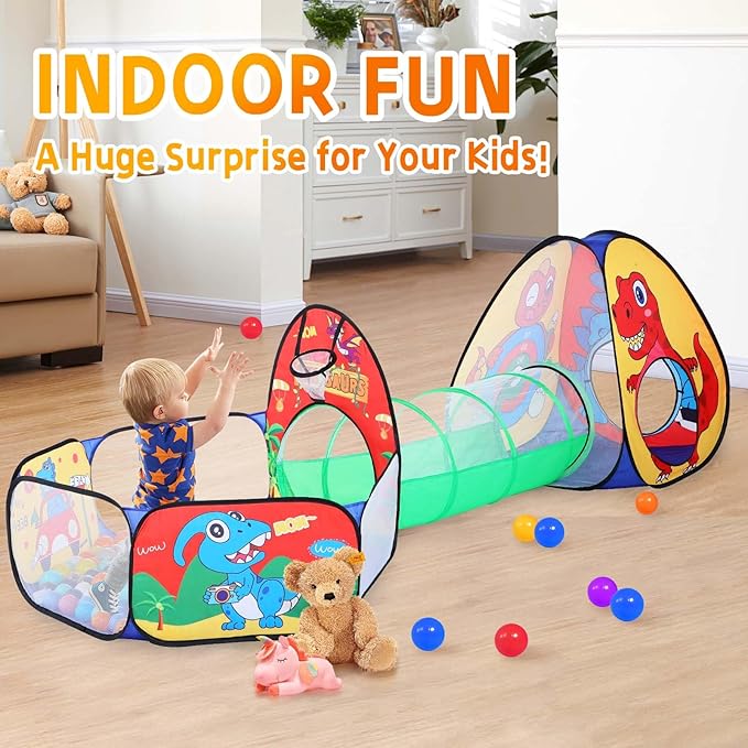 3pc Dinosaur Kids Play Tent with Tunnel and Ball Pit for Boys & Girls, Pop Up Playhouse Tent for Toddlers Indoor & Outdoor Use