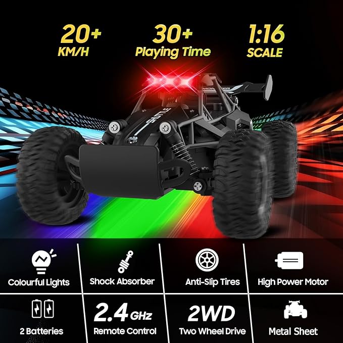 Remote Control Car for Kids 3 4 5 6 7+, 20 KM/H High-Speed RC Cars with LED Lights, 2.4GHz 2WD Monster Truck Toys, Rechargeable RC Car, Toy Cars for Girls Boys, Christmas & Birthday GiftsâBlack