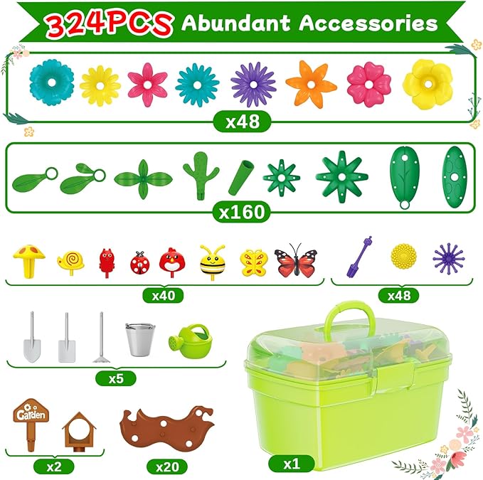 Scientoy Flower Garden Toy Building Blocks, 3 4 5 Year Old Girl Toys, 324 PCS Upgrade Flower Pretend Gardening Gifts for Kids, Floral Arrangement Playset for Age 3-7 Year Old Child Educational