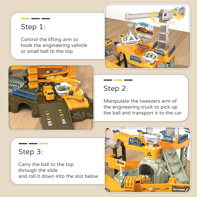 64PCS Engineering Adventure Track Set for Kids 3+ - Motorized Climbing Ladder, Rotating Crane, 4 Mini Cars, Interactive Construction Playset with Music - Safe Design, Ideal Gift