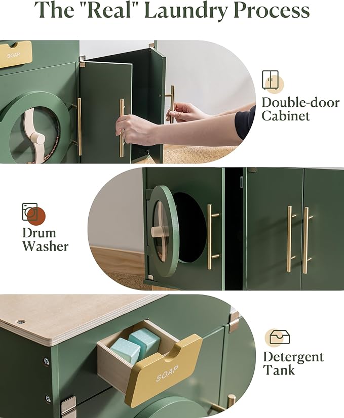 ROBOTIME Play Kitchen Set- Wooden Toy Washing Machine, Kids Washer and Dryer for Kids Kitchen Playset with Realist Sound/Iron, Pretend Play Kitchen for Toddlers (Vintage Green)