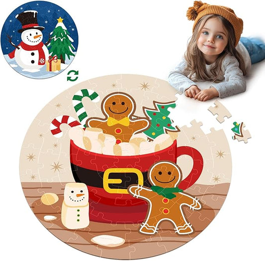 CiyvoLyeen Christmas Floor Puzzles for Kids Ages 3 4 5 6 7 8 Jigsaw Puzzles Penguin and Gingerbread Man Double Sided Large Round Puzzle Gifts Presents for Kids Children Toddler 22" 70 Pieces