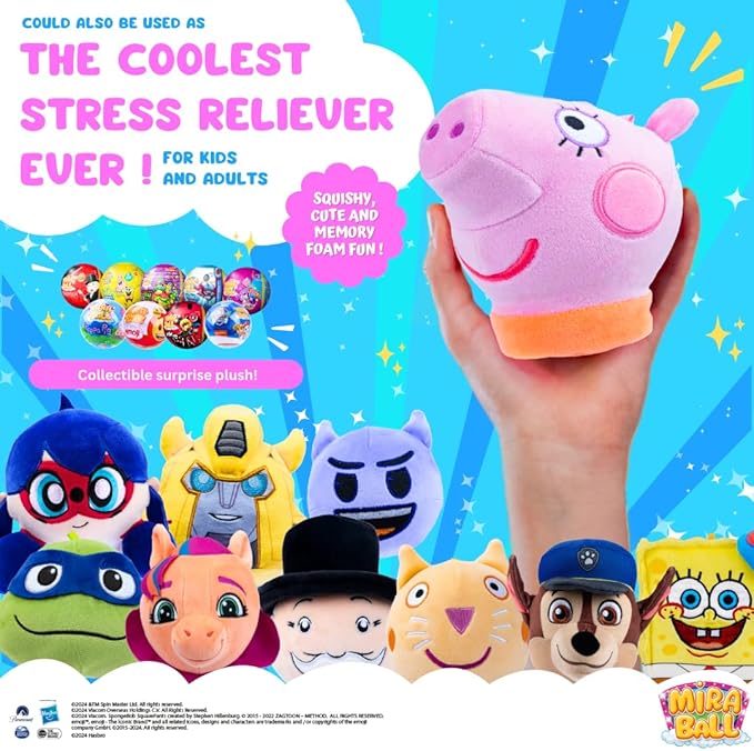 Peppa Pig Plush Mystery Ball with Stickers & Fidget Toys - Plushies Blind Box Cute Figures, Stuffed Animal Collectible Toys, Gifts, Prizes for Kids, Ages 3+ (4-Pack)