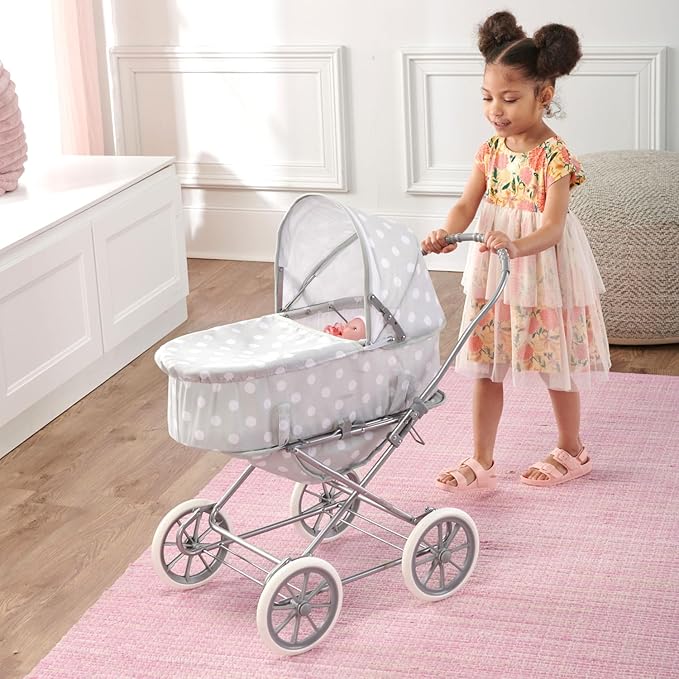 Badger Basket Just Like Mommy 3-in-1 Convertible Doll Pram, Carrier & Stroller - Gray/Polka Dots - Fits Dolls 18 to 22 Inches