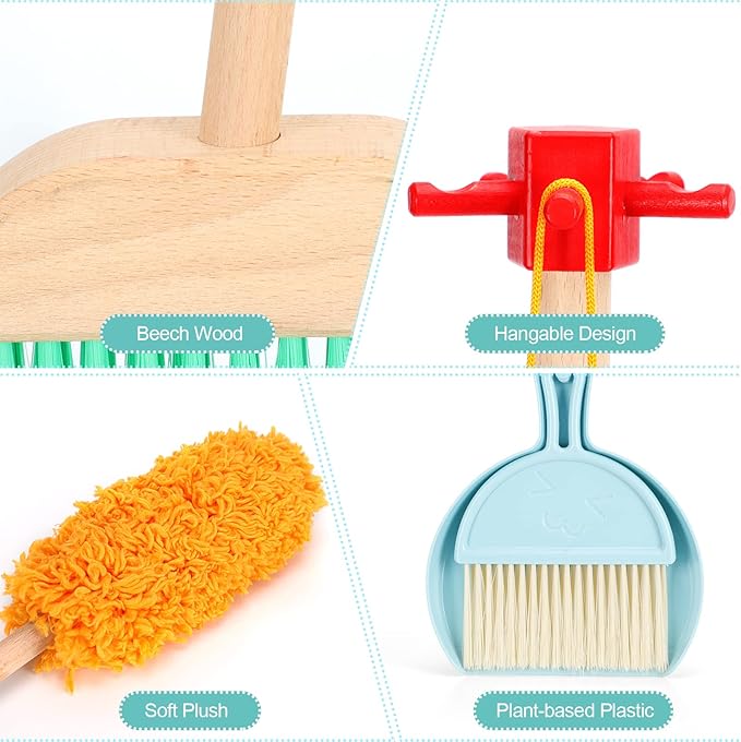 WHOHOLL Kid Cleaning Set, Wooden Toddler Broom Set for Housekeeping, 9 Pcs Kids Broom and Mop Set for Toddlers, Baby Cleaning Toys with Dustpan Sponge, Play Set for Boys and Girls