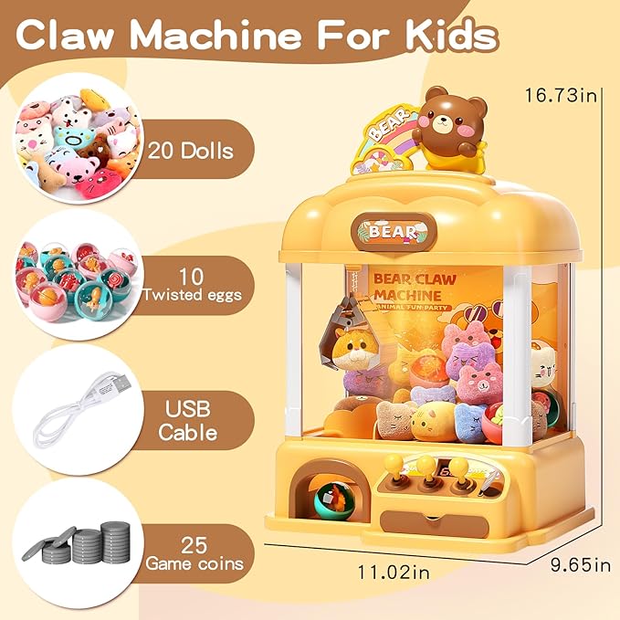 55 PCS Large Bear Kids Claw Machine,Candy Vending Grabber,Prize Dispenser Toys for Girls and Boys,Electronic Game Machine Party Birthdays with Lights Sound,Includes 30 Toys and 25 Game Coins
