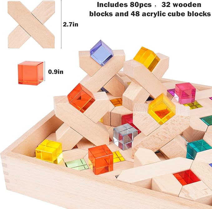 Agirlgle Wooden Rainbow Building Blocks Cube Gem Stacking Blocks Toy - Colorful Montessori Rainbow Stacker Toy Elegant Wood Rainbow Cube Blocks- Acrylic Blocks Educational Toys for Toddlers- 80Pcs