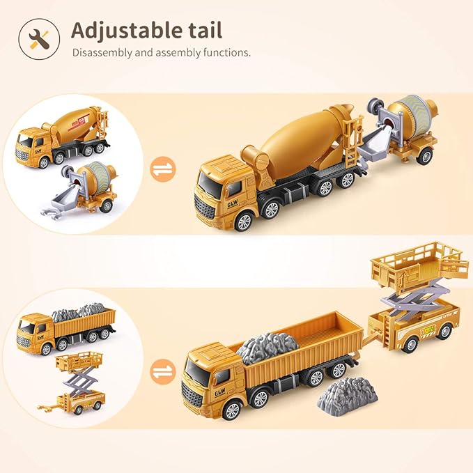 Geyiie Construction Vehicles Truck Toys, Construction Trucks Die Cast Alloy Truck Head, Tractor Trailer Excavator Dump Sandbox Gift for Toddlers Kids Boy