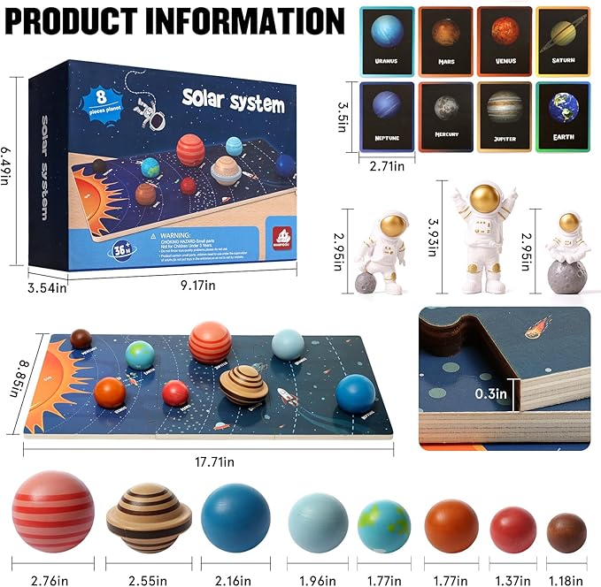 Wooden Solar System Model Board,Kids Solar System with Astronauts ,Montessori Planet Toys,Educational Planets Balls,Preschool Learning Puzzle,Space Knowledge Flash Cards Learning Toys for Kids