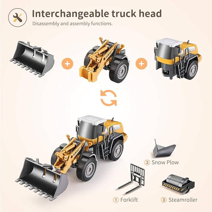 Geyiie Construction Truck Vehicles Toy with Metal Shovel Sand Toys, Large Construction Toys Crane, Interchangeable Excavator Snow Plow Forklift Tractor Toys Gifts