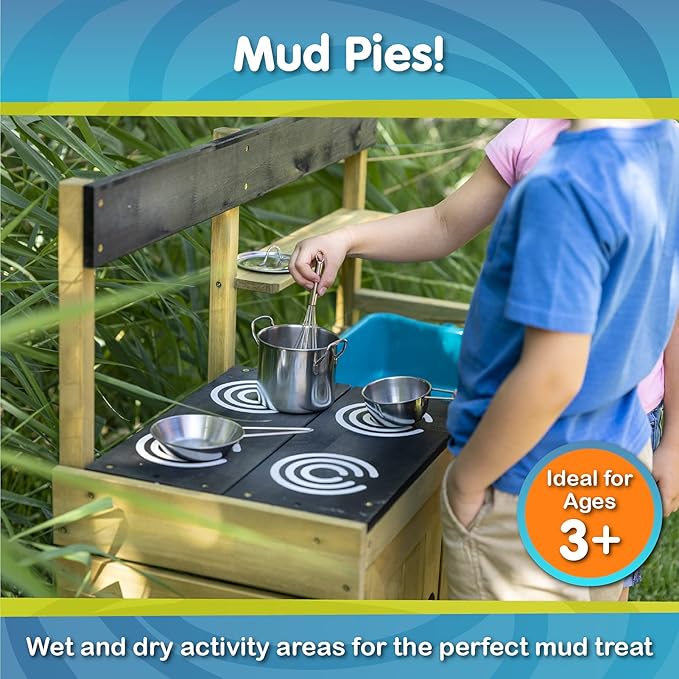 Mud Play Kitchen For Kids - Indoor, Outdoor Wooden Toy Toddler Kitchen Playset with Accessories, Durable, Weatherproof, Removable Sink, Chalkboard, Wood Burner Stencils, Easy Assembly, Ages 3+