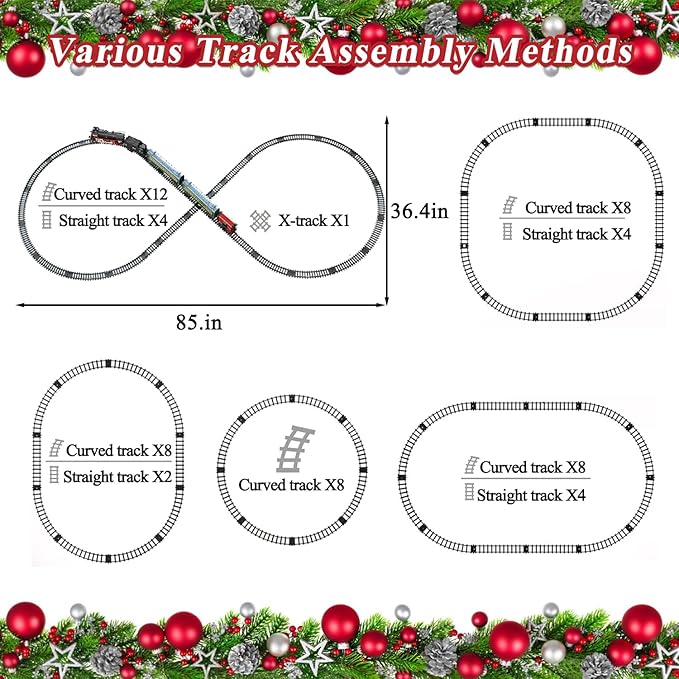 Train Set for Kids, Electric Train Toys with Realistic Light Sounds Smoke, Christmas Train Model Gifts for Toddlers Boys Girls, Steam Locomotive, Luxury Track & 2 Glowing Passenger Carriages