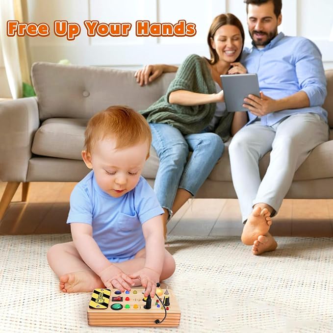 Busy Board Montessori Toys for Toddler, Wooden Sensory Board Switch Toy with Color-Changing LED Light Up Travel Toys Educational Plane Travel Activity for 1-6 Year Old Girls & Boys Gifts