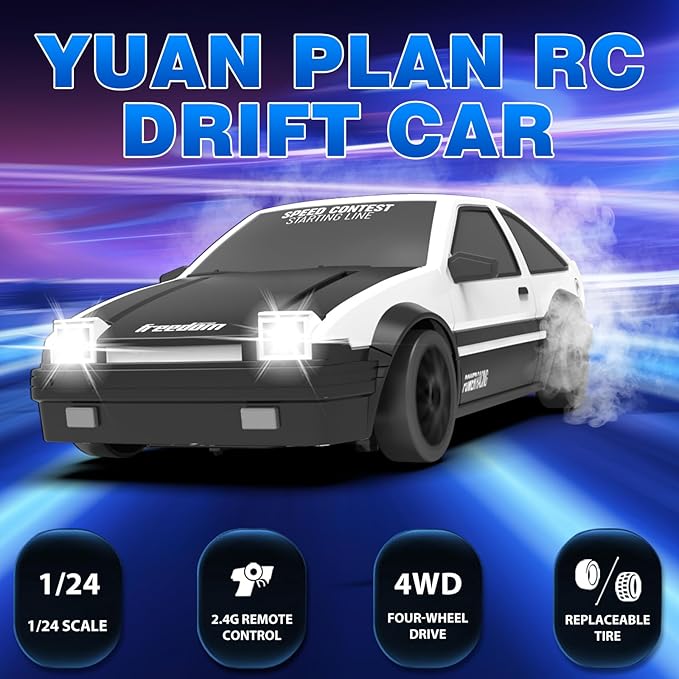 RC Cars Remote Control Car 1/24 2.4GHz 4WD Drift Car High Speed RC Cars Racing Cars Cool Lights Two Rechargeable Batteries Extra Tires Birthday Toy Car Kids Boys Adults White - 2 Batteries