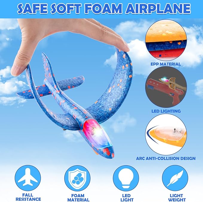 Bigdream 6 Pack LED Airplane Launcher Toys with 2 Launchers, 2 Flight Mode Glider Catapult Plane with Stickers, Flying Outdoor Toys for 3 4 5 6 7 8 9 10 11 12 Year Old Kids Boys Girls Birthday Gifts