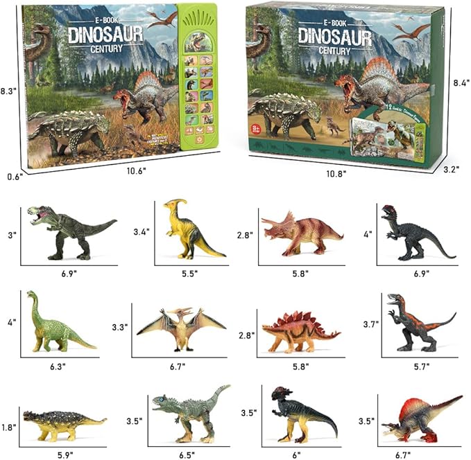 OENUX Dinosaur Toys with Interactive Sound Book for Kids 3-5, Dinosaur Book with Sound &12 Toy Dinosaurs Figures, Toddler Learning Toys for Boy, Present for Boys Girl Age 4-7