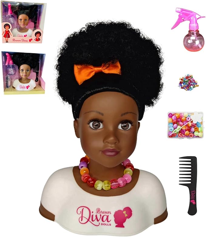 Black African Brown Styling Head Dolls with Curly Afro Hair and 5 Accessories, for Kids, Kids Toys for Ages 3 Up