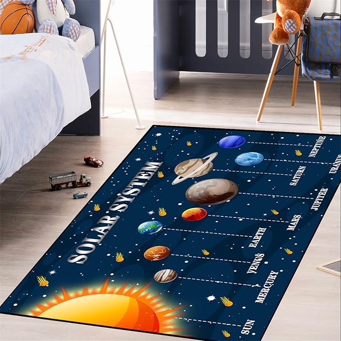 Universe Planet Area Rugs Outer Space Rugs for Boys Bedroom Educational Sofa Floor Mat Galaxy Solar System Theme Throw Rugs for Indoor Outdoor Carpets Crystal Polyester Mats Oversized, 5'×7'