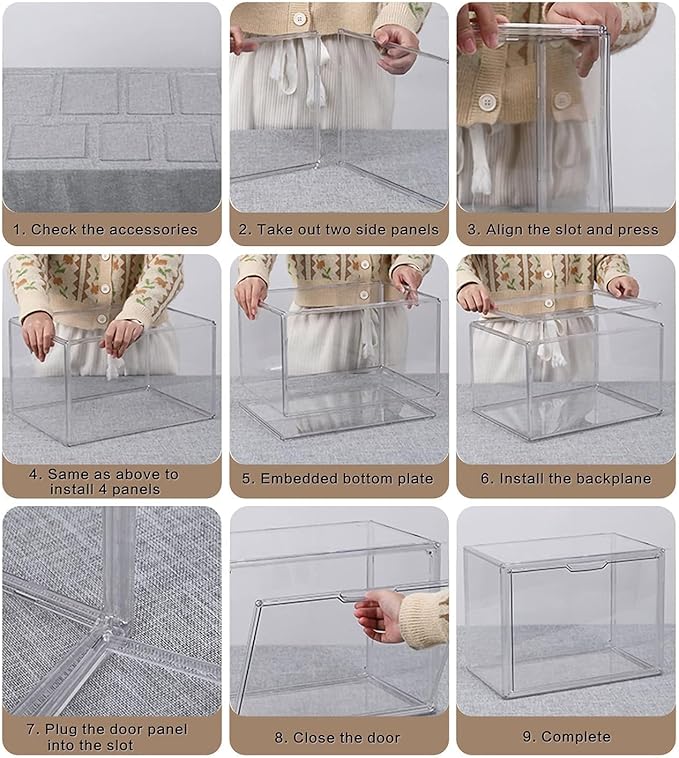 Clear Stackable Plastic Storage Bins with Magnetic Lid, Dustproof Book & Cosmetic Display Cases, Large Figures Collectibles Showcase, Shoe Box, Protection Organizer (Transparent, L-3 Pack)