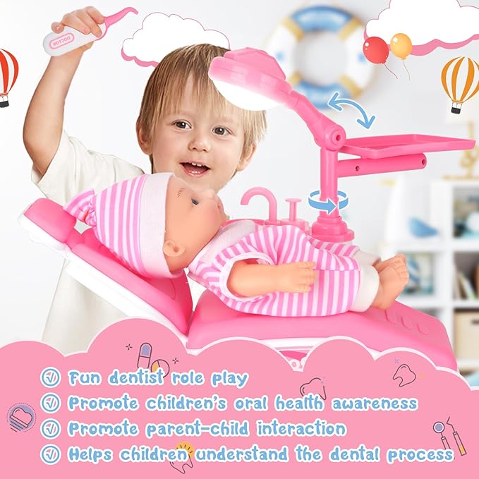 Doctor Kit for Toddlers 3-5, 28 Pcs Kids Dentist Set for Girls Boys Gift, Pretend Medical Kit With Chair, Dental Tools, Cute Doll, Role Play Dentist Gift for Birthday Christmas (Pink)