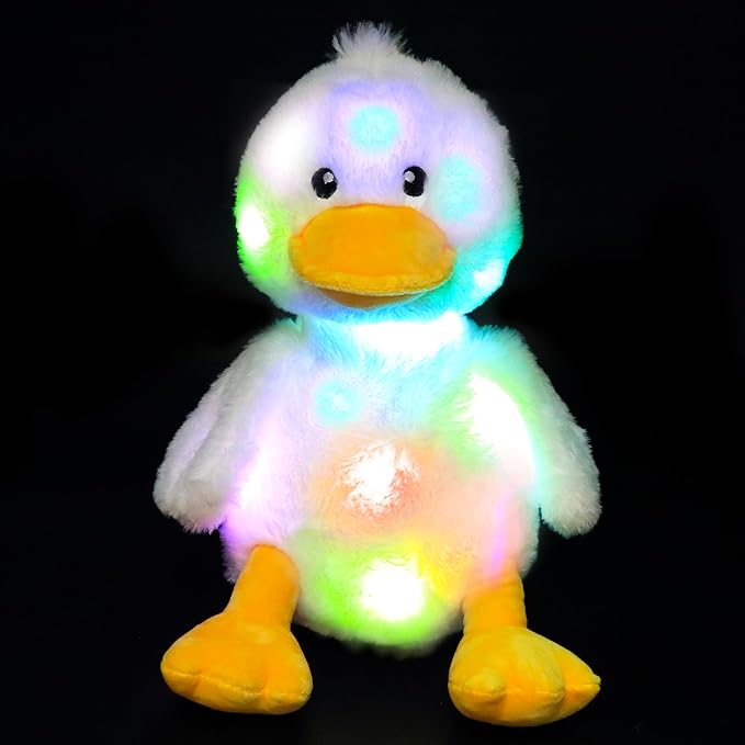 Hopearl LED Musical Stuffed Duck Light up Singing Duckling Plush Toy Adjustable Volume Lullaby Animated Soothe Birthday Gifts for Kids Toddler Girls, White, 11''