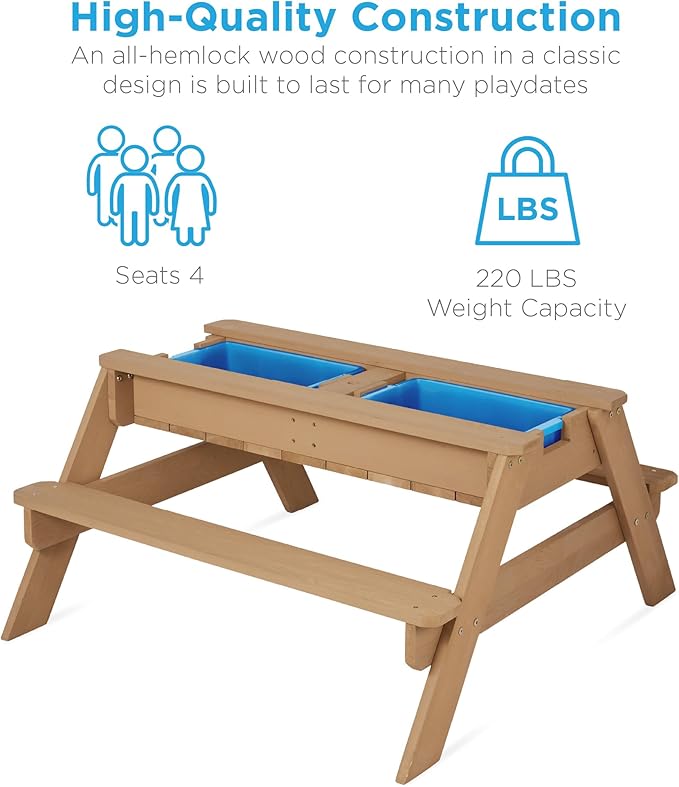 Best Choice Products Kids 3-in-1 Sand & Water Table, Wood Outdoor Convertible Picnic Table w/Umbrella, 2 Trays, Removable Top, 220lb Capacity Per Bench -Green