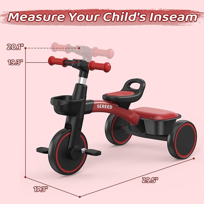 SEREED Toddler Tricycle for 2-5 Years Old Boys Girls, Adjustable Seat&Handlebar Trike, Removable Basket, Birthday Gift Idea for Kids Ages 2+ (Red Black)
