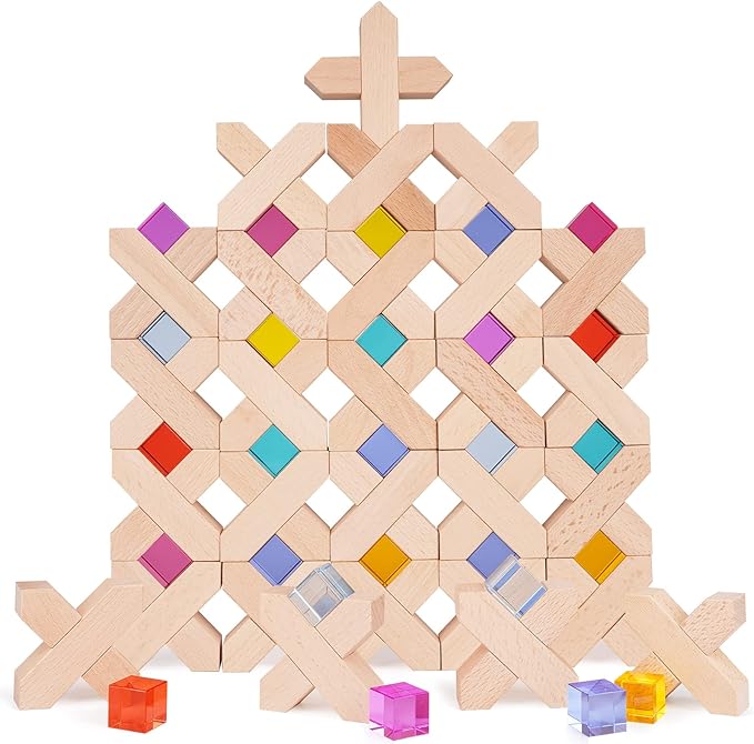 Agirlgle Wooden Rainbow Building Blocks Cube Gem Stacking Blocks Toy - Colorful Montessori Rainbow Stacker Toy Elegant Wood Rainbow Cube Blocks- Acrylic Blocks Educational Toys for Toddlers- 80Pcs
