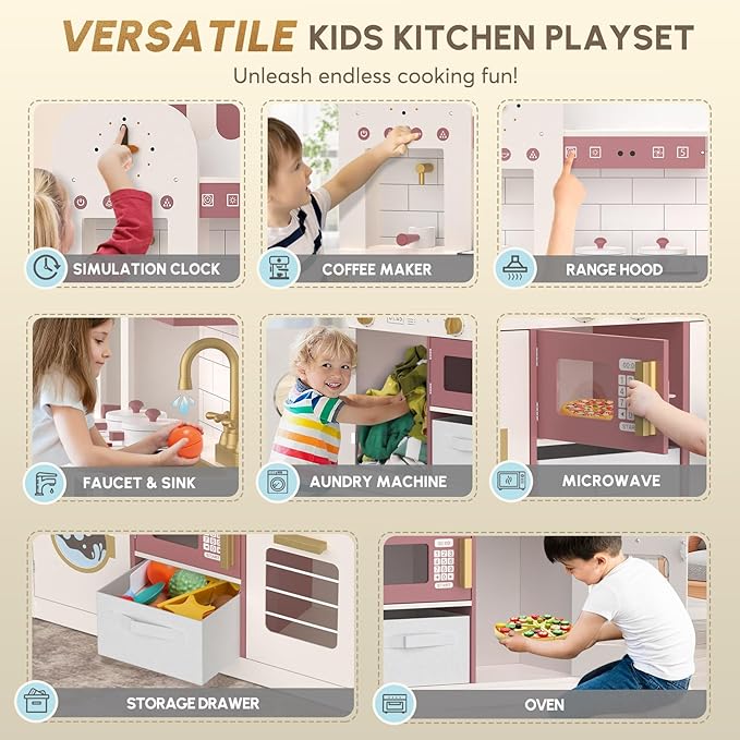 BIERUM Play Kitchen with Realistic Lights & Sounds, Wooden Kitchen Playset for Toddlers, Toy Kitchen with 26 Pcs Toy Food & Cookware Accessories, Gift for Boys & Gilrs Ages 3+