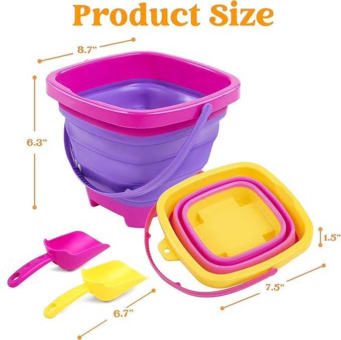 Sloosh 3 Packs Foldable Bucket - Collapsible Bucket with Sand Shovels and Mesh Backpack for Kids Toddlers Beach Toys, Easter Egg Hunt, Camping, Travelling and Fishing Water Pail (Pink/Purple/Green)