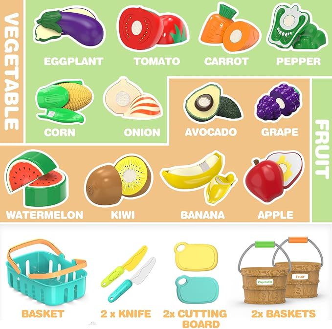 Sorting Play Food Sets - 2 Buckets with Handle, 1 Storage Basket, Fruit&Vegetable Cutting Food Toy, Pretend Fake Kids Kitchen Accessories for Preschool Learning,Birthday Gifts for Toddler Educational