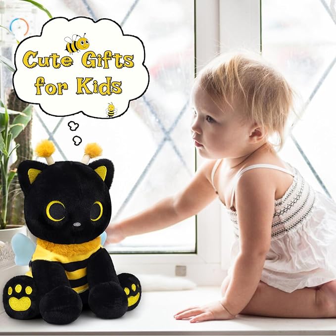 Cat Bee Plush, 8inch Kawaii Black Cat Plush with Honeybee Outfit Costume, Cute Plushies Kitten Stuffed Animal Soft Huggable Plushies Toy for Kids Christmas, Birthday Gifts