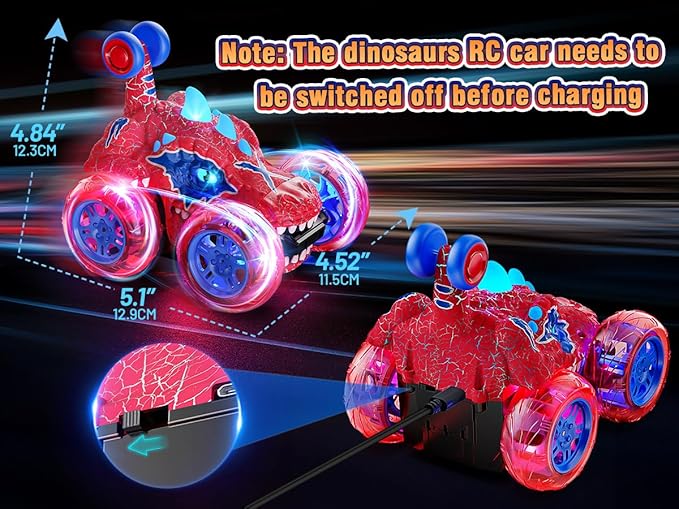 Carsky Remote Control Car RC Cars for Boy 360°Stunt Rotation 4WD Remote Cars for Kids 3-6 Double Sided Dinosaur Toy with Lights,2.4GHz Electric Toy Car,Easter Birthday Gift for 3 4 5 6 Year Old Boy
