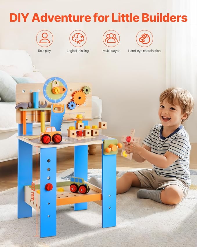 VEVOR Kids Workbench, 62 pcs Wooden Tool Bench for Kids 3 Years and Up, Toddler Toy Workbench with Realistic Tools, Building Set Creative & Educational Construction Toy for Boys & Girls