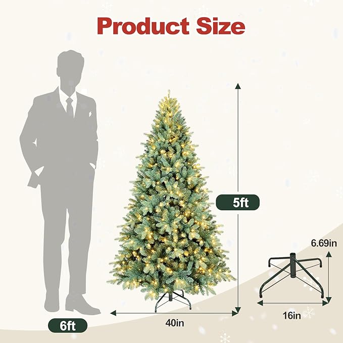 5 Ft Pre-Lit Artificial Christmas Tree, w/ 250 LED Warm Lights, 854 PE&PVC Mixed Branch Tips, Faux Xmas Tree for Home, Office, Party Decoration, Easy Assembly, Metal Hinges & Foldable Base