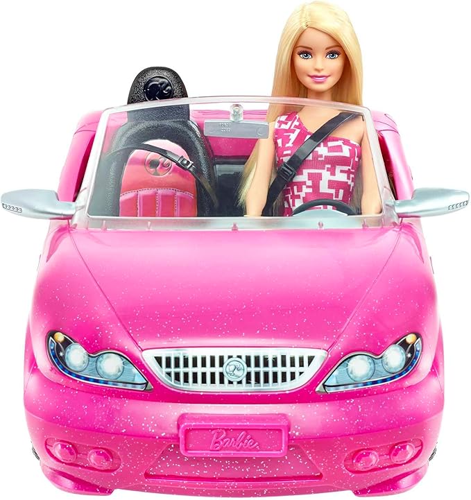 Barbie Doll & Car Playset, Sparkly Pink 2-Seater Toy Convertible with Glam Details & Fashion Doll in Sundress & Sunglasses (Amazon Exclusive)