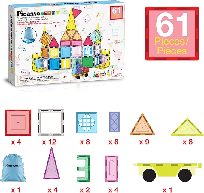 PicassoTiles Magnetic Tiles 61pc Magnet Tile Building Blocks Construction Sensory Toy Set with Storage Carry Case Drawstring Bag STEM Kids Learning Educational Pretend Play Boy Girl Ages 3+ & Up PT05