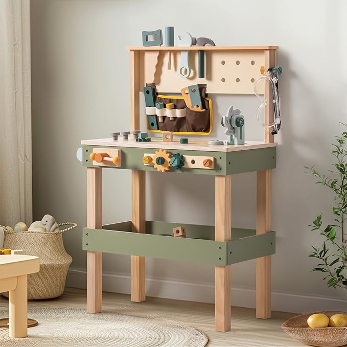 ROBOTIME Wooden Kids Tool Bench, Toddler Tool Bench - Toy Play Workbench Workshop with Tool Belt, Play Tools Set, Drawing Paper for Construction Play, Perfect for Kids Ages 3-5