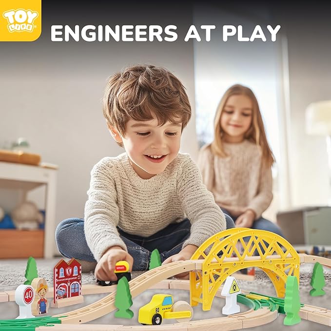 TOY Life Wooden Train Set 60pcs with Magnetic Crane, Wooden Train Tracks Toys for Toddlers Boys Girls 3 4 5, 3 Year Old Boy Gift, Wood Toys Toddler Train for Kids 4-8 - Fits Thomas Brio Chuggington