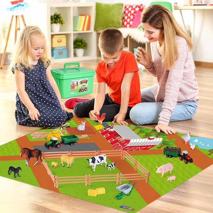 Farm Toy Set and Kids Activity Play Mat with Tractors, Animals, and Large Playmat Farm, Interactive Early Learning Toys for Toddler Boys and Girls - Great Gift for Birthday and Christmas