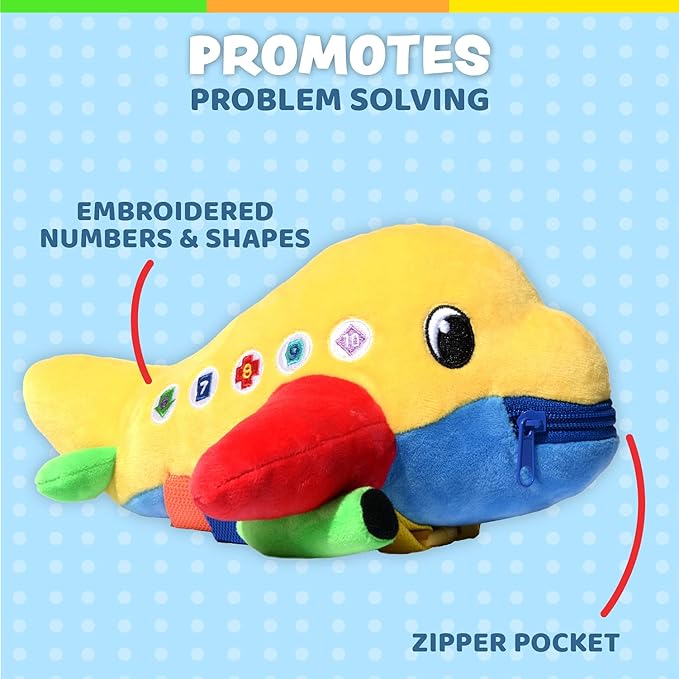 Buckle Toys Bolt Airplane Toys for Toddlers 1-3, Airplane Travel Essentials Kids Sensory Toy to Develop Fine Motor Skills and Learn Shapes and Colors, Includes Storage Pocket for Small Items