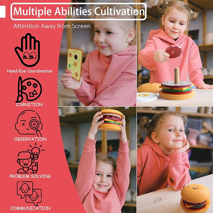 Toddler Montessori Toys for 3 4 5 Year Old Boy Girl, Pretend Play Toy Fake Food for Ages 3-5 Kids Gifts, Stacking Wooden Building Blocks Educational Puzzles Games for Preschool Classroom (Hamburger)