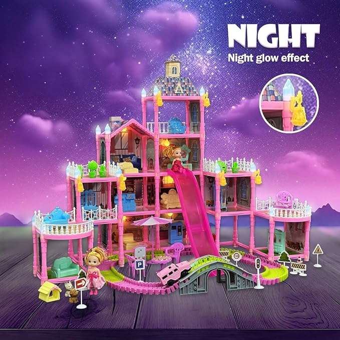 Dream Dollhouse, Racing Track, Dolls House playset with Toy Furniture and 4 Level Slide, Furniture, 1 Doll and 1 Buggy Toy and 10+ Tracks Pet and Puppy Play Area 13 Rooms