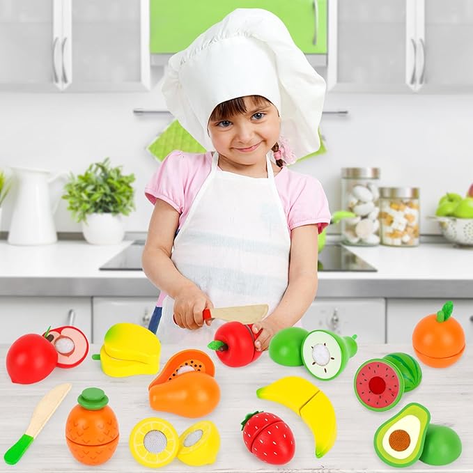 Wooden Play Food Set Toys for Toddlers 1-3, Kids Toy Play Kitchen Accessories, Velcro Cutting Fruits Pretend Food with Storage Boxes, Christmas Birthday Gifts for 1 2 3 Year Old Baby Boys Girls